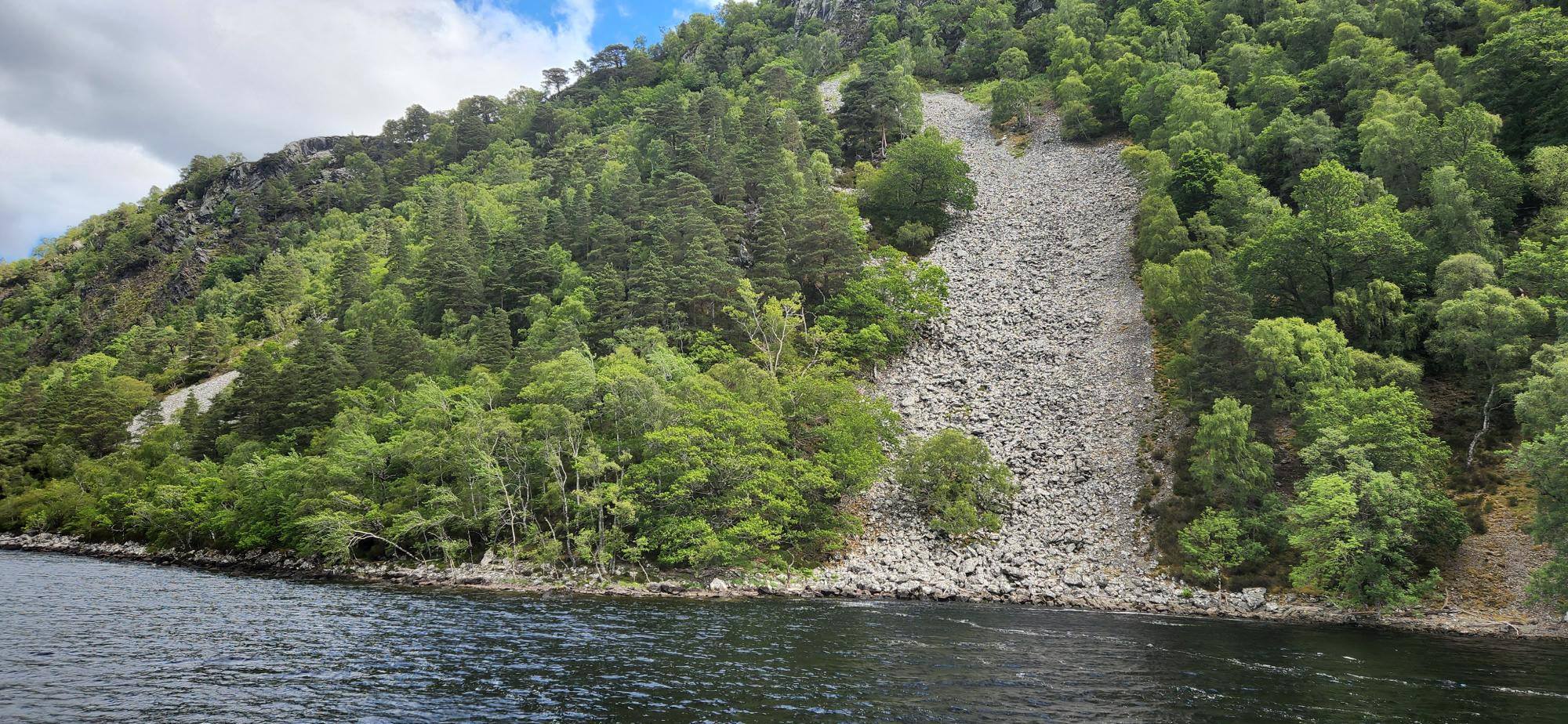Éboulis de rochers sur la rive boisée